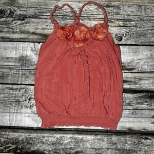 Y2K Boho Halter Top Womens Medium Coral 3D Floral Applique Rayon Festival 2000s